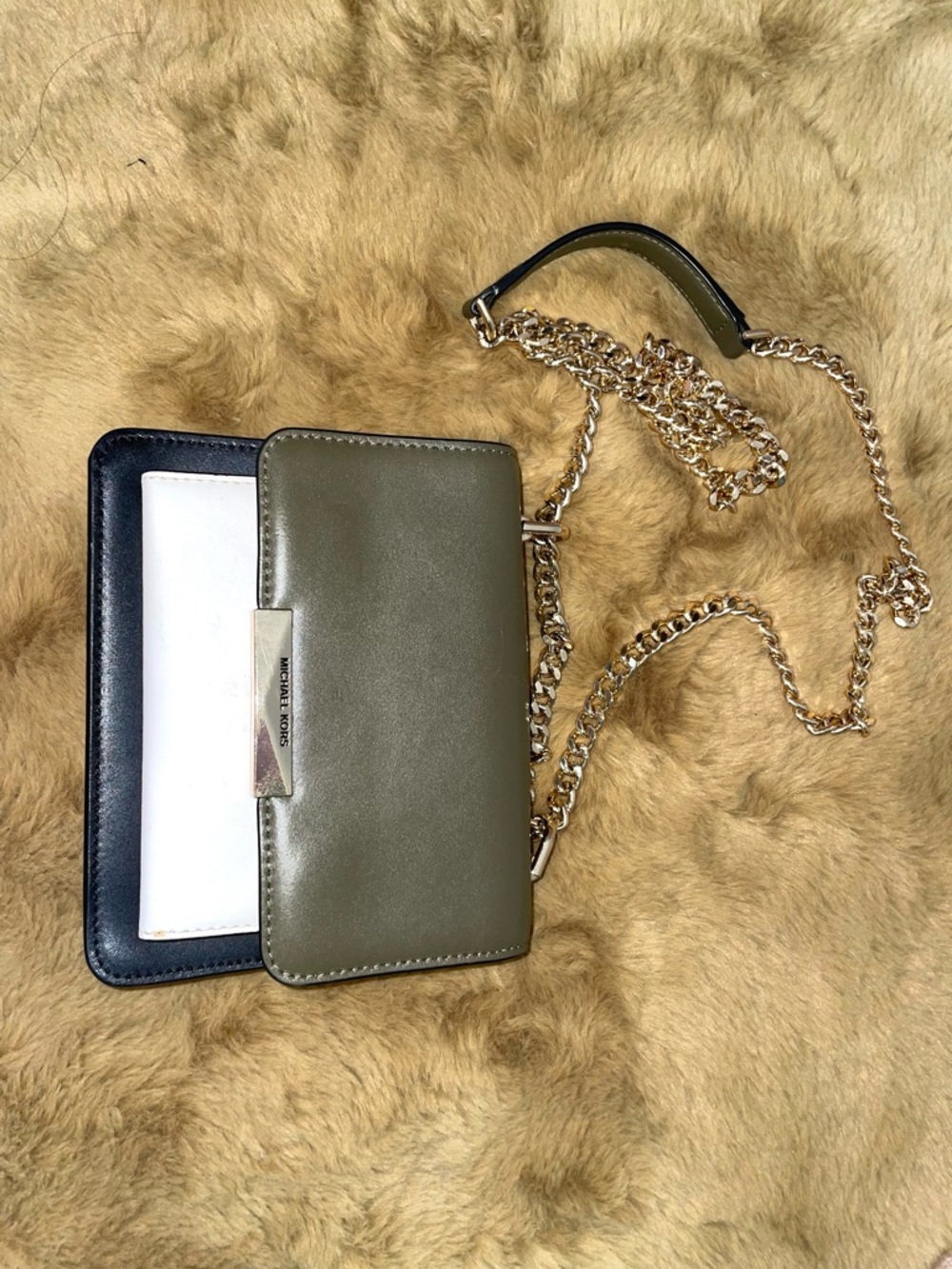 Michael Kors Olive and Black Leather Chain Crossbody with White Accent